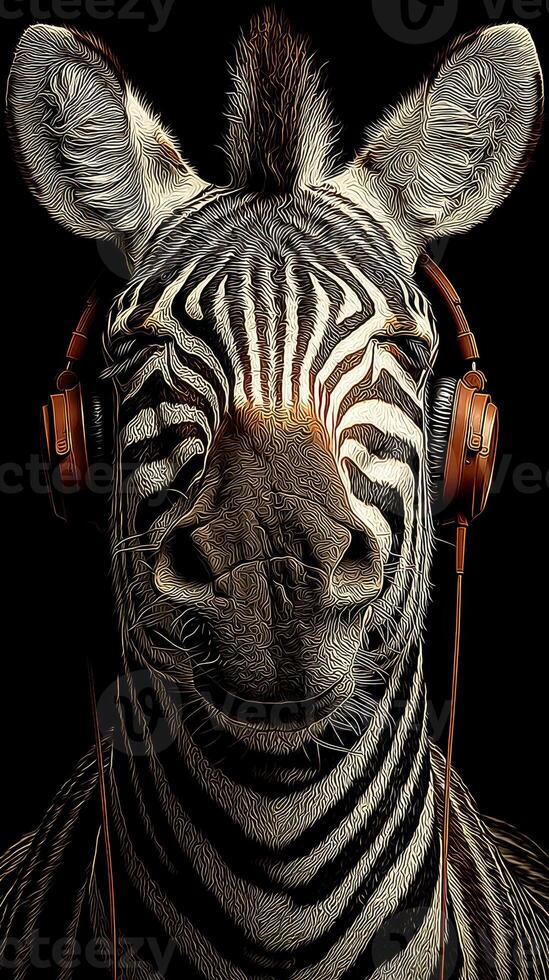 Zebra wearing headphones enjoying music in a stylized artistic representation with vivid detailing photo