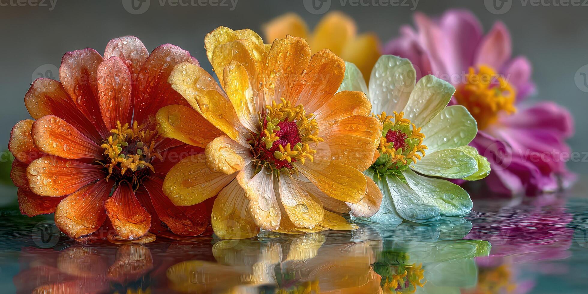 Colorful blossoms with water droplets reflecting in a serene setting during the early morning light photo