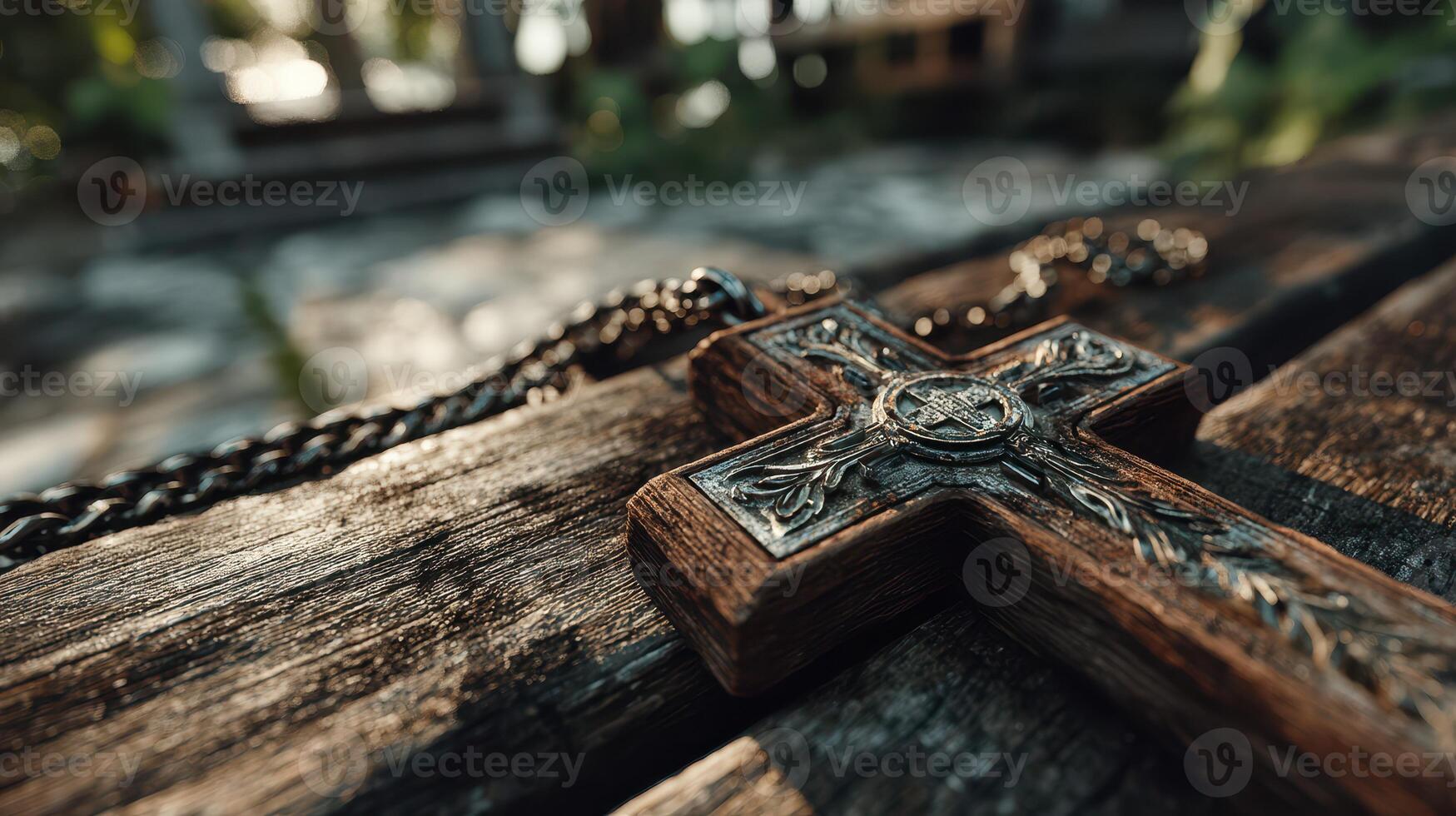 Wooden cross resting on a weathered table in a peaceful outdoor setting during daylight photo