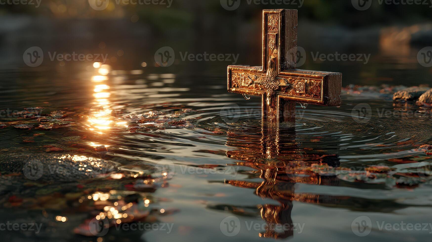 Cross standing in a shallow water pool surrounded by fallen leaves reflecting sunlight at dusk photo
