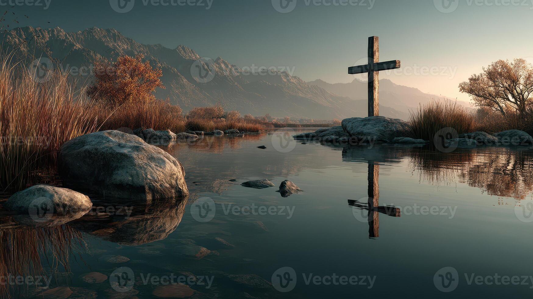 Serenity at sunset with a wooden cross by the calm river in a mountainous landscape photo