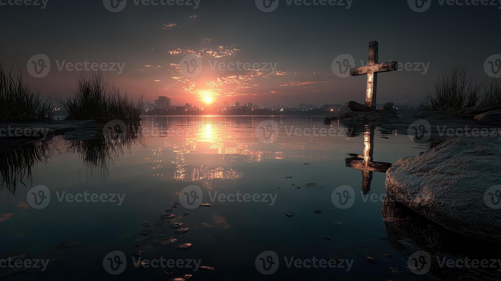 Sunset reflection on calm waters with a cross and rocks amidst tall grass in a serene landscape photo