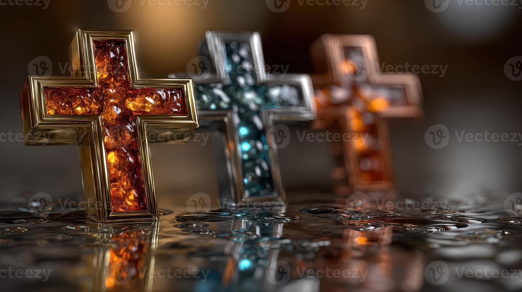 Decorative crosses made of intricate materials with reflections on a wet surface photo