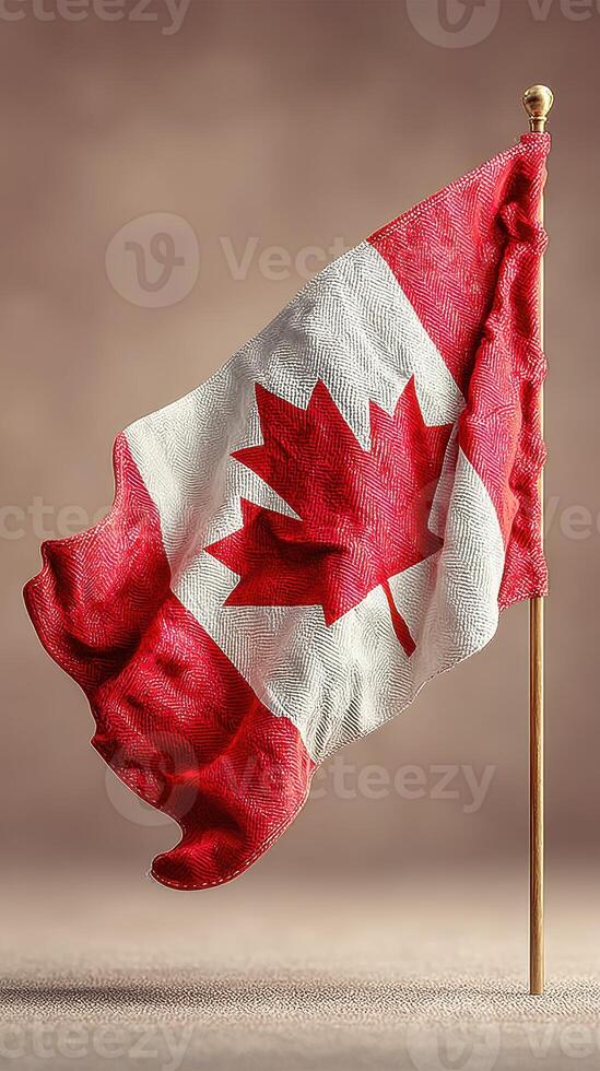 Canadian flag displayed on a wooden pole with detailed texture, symbolizing national pride and identity photo