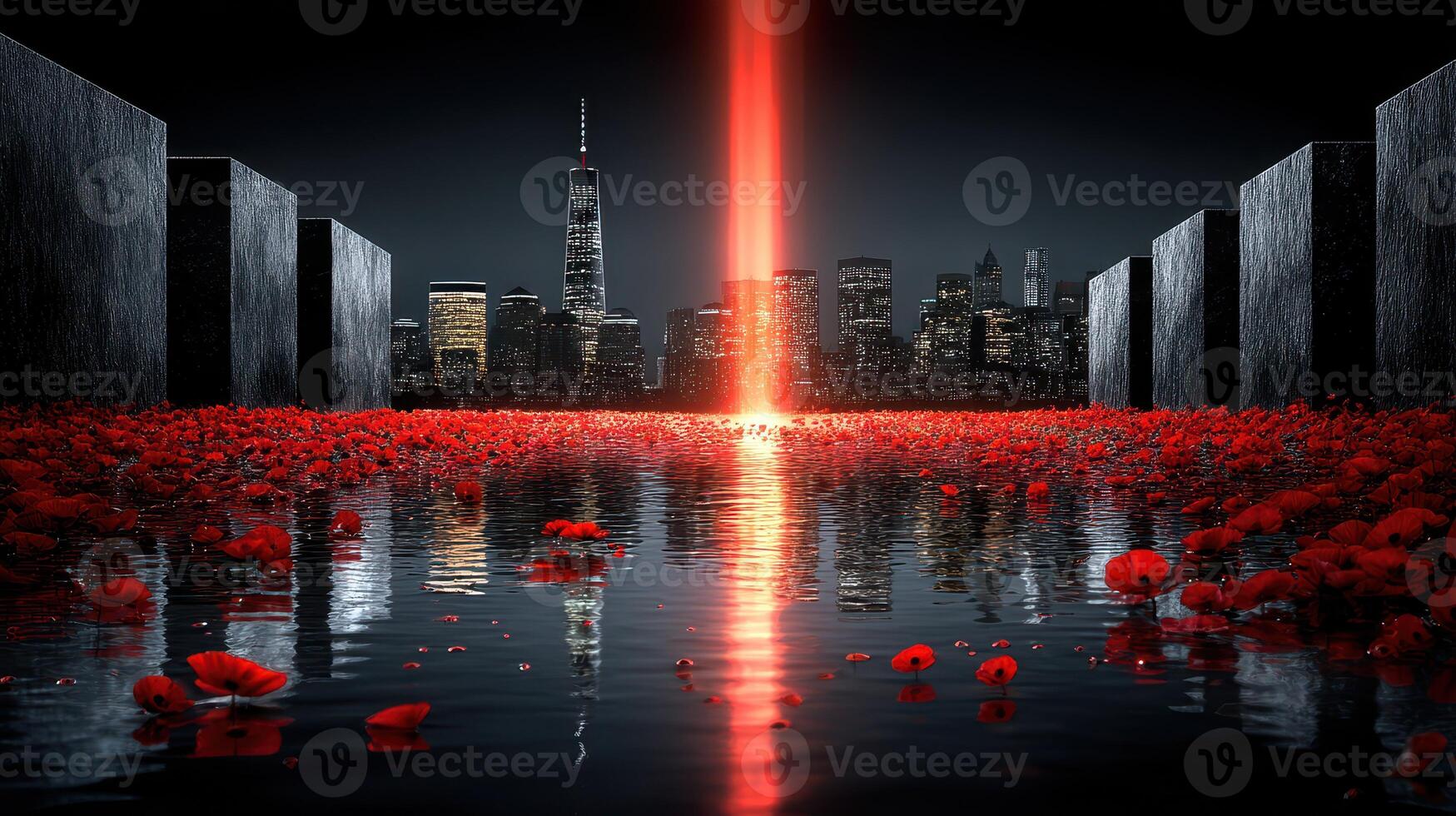 Memorial tribute illuminates New York City skyline with red flowers and vibrant light during nighttime photo