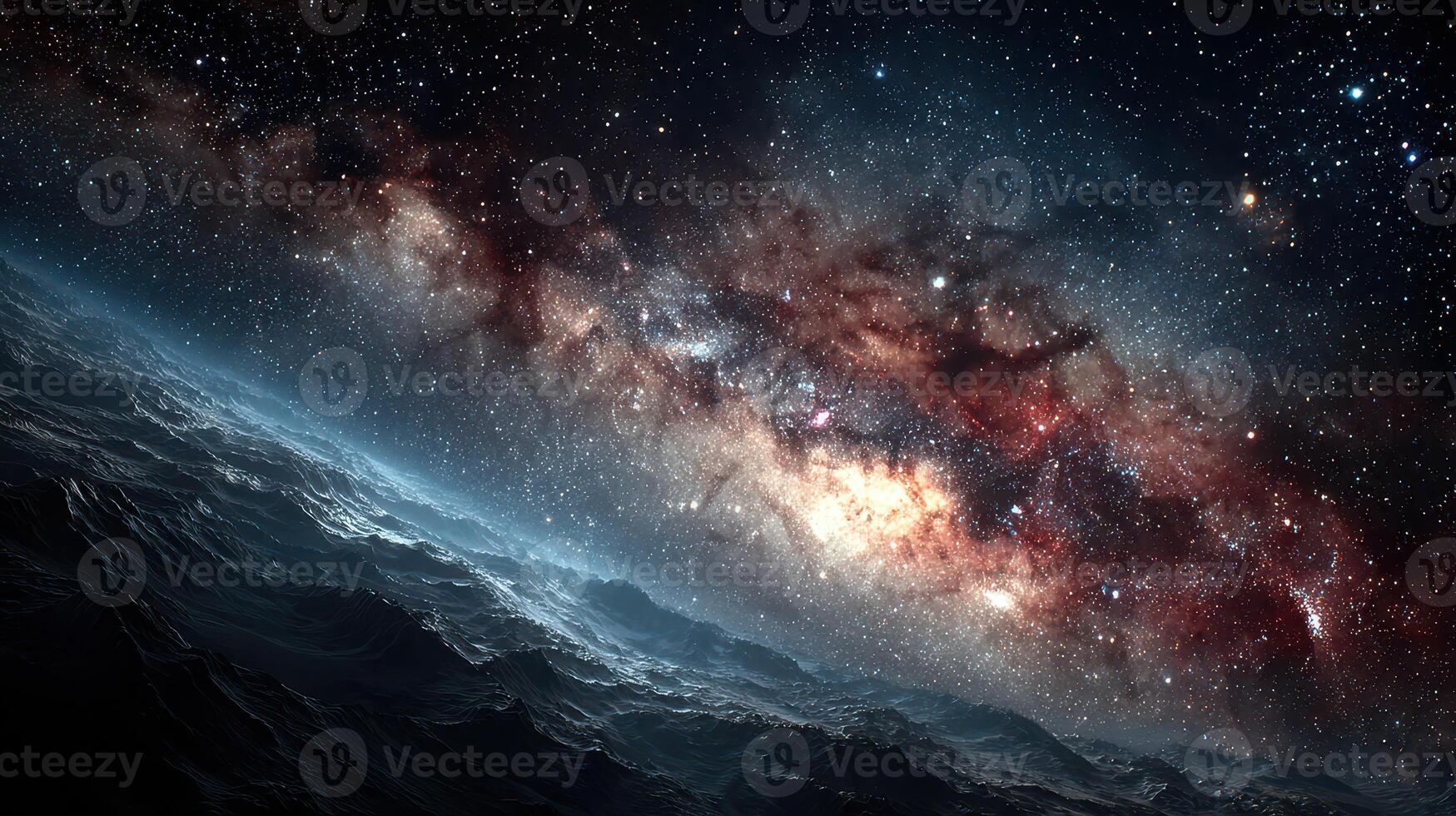 Galactic view of the Milky Way showcasing vibrant colors over a rocky landscape in space photo