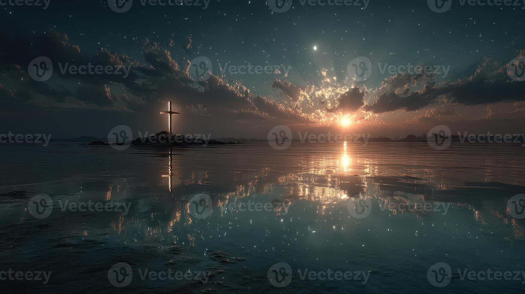 Reflections of dawn light across a tranquil lake under a starry sky with a cross silhouette photo