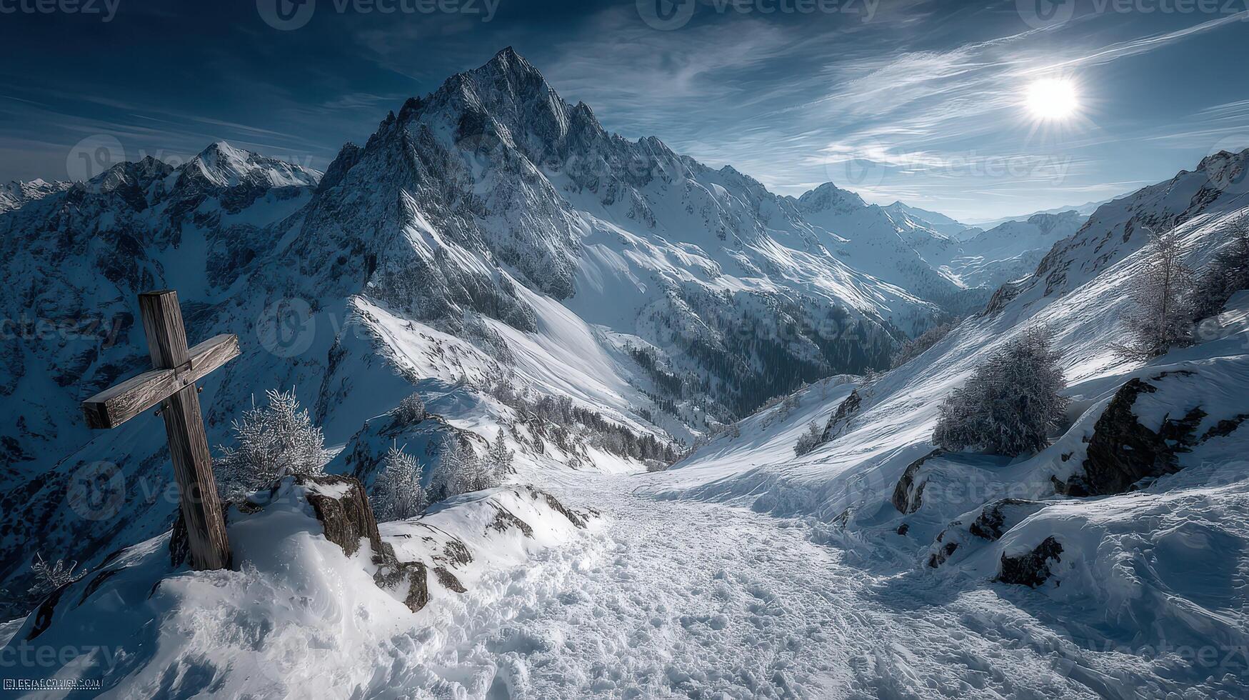 Expansive winter landscape with snow-covered mountains and a wooden cross marking the path in high alpine terrain photo