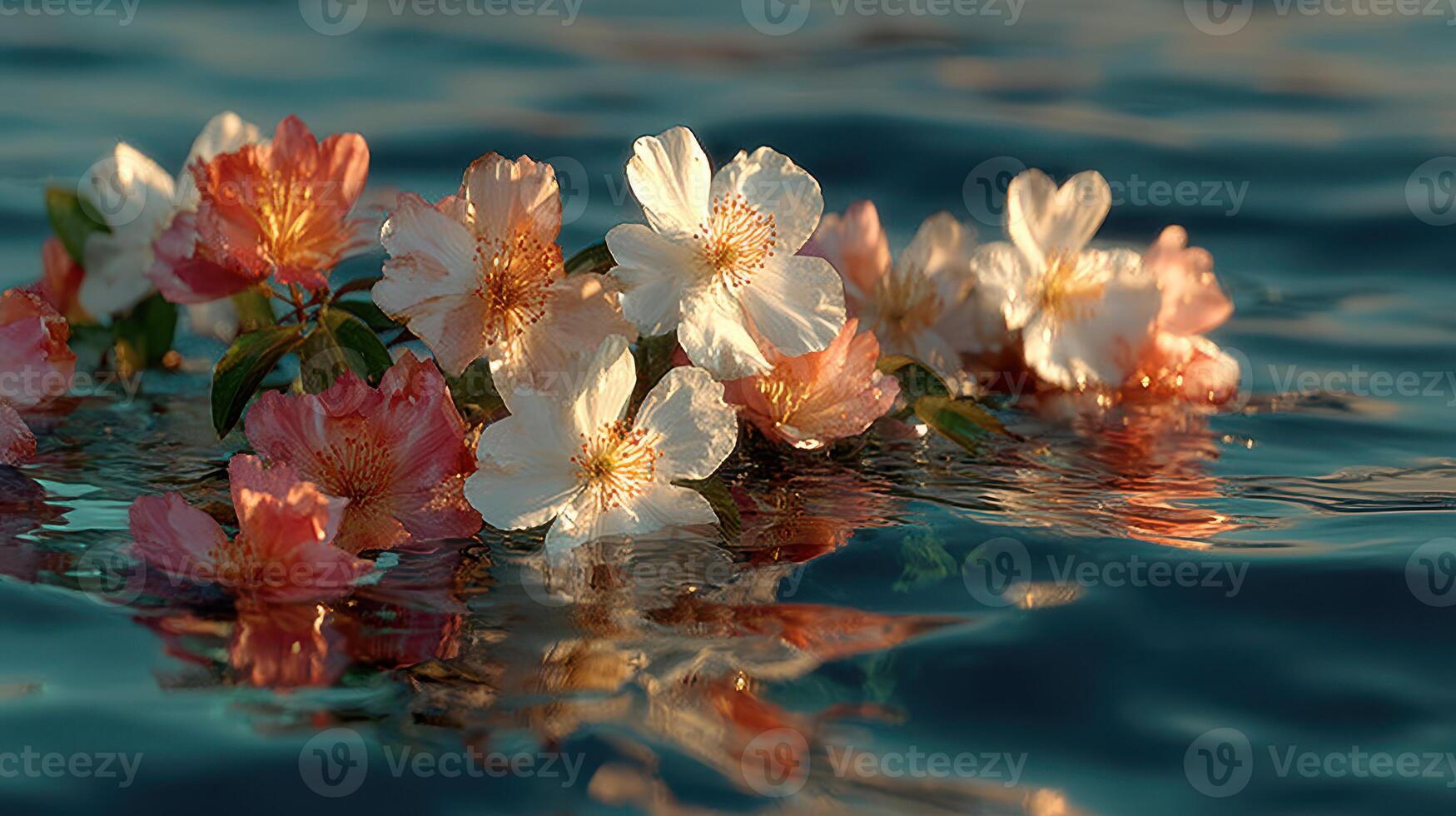 Blossoms floating gracefully on tranquil water during golden hour in a serene natural environment photo