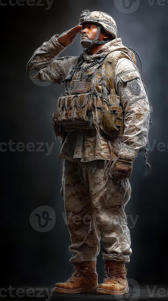 Soldier saluting proudly in military attire against a dramatic dark background during a ceremonial event photo