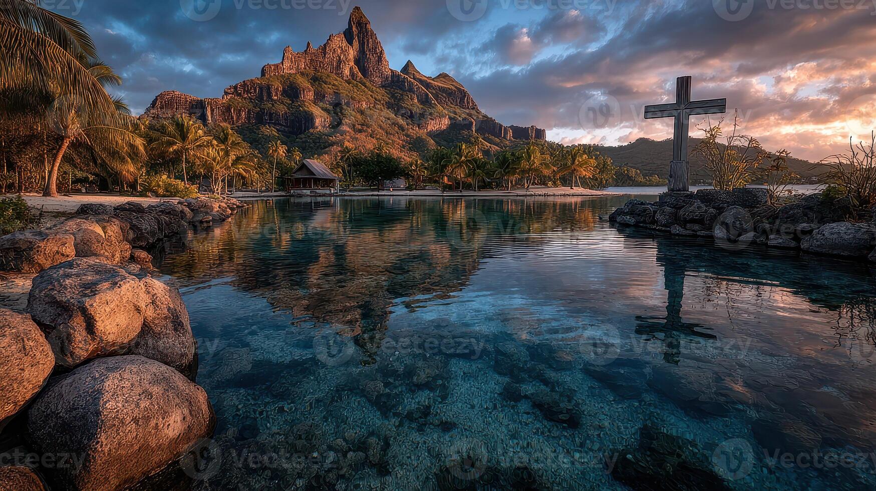 Scenic view of a mountain and cross near a tranquil lagoon at sunset in a tropical location photo