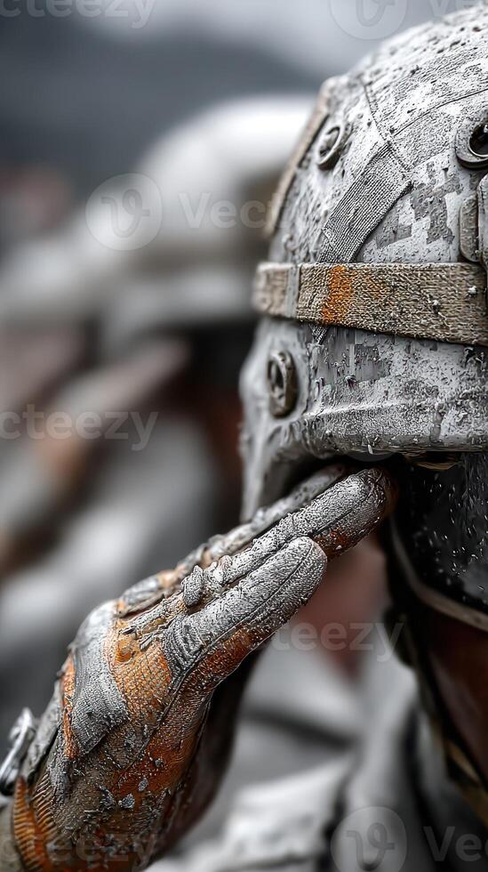 Soldiers in dusty uniforms silently salute during an outdoor military ceremony in a mountainous region at dusk photo