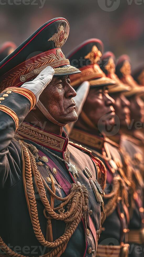Military parade featuring uniformed officers saluting during ceremonial event in city square at dusk photo