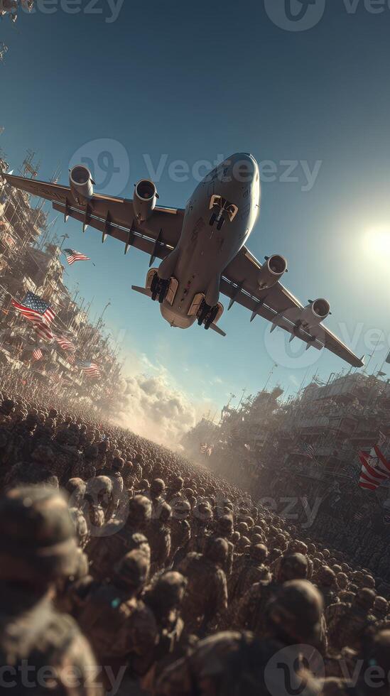 Soldiers gather in a crowded street as a military aircraft flies overhead in a dramatic display of power and presence photo