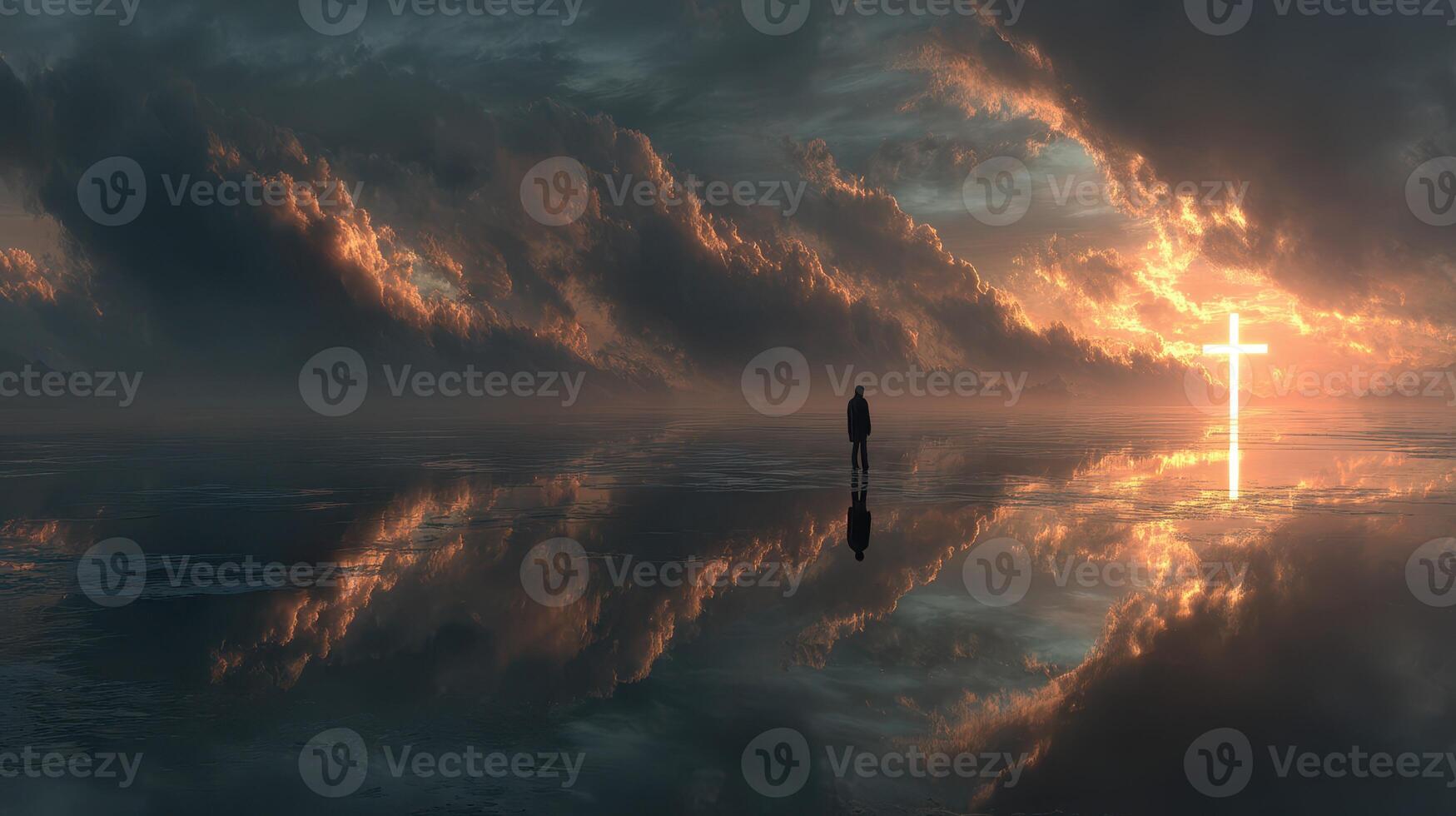 Solitary figure at sunset by the water reflecting clouds and a cross in the sky photo