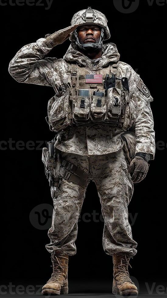 Soldier in camouflage uniform salutes with honor during a military ceremony at dusk in a somber setting photo