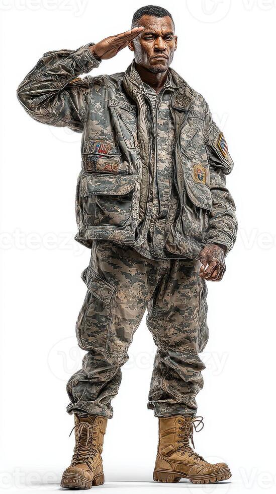 Soldier saluting with respect while wearing military uniform indoors during daylight photo