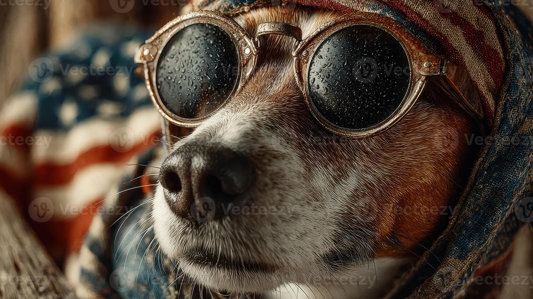 Dog wearing sunglasses and a scarf with an American flag pattern celebrates style and summer vibes outdoors photo