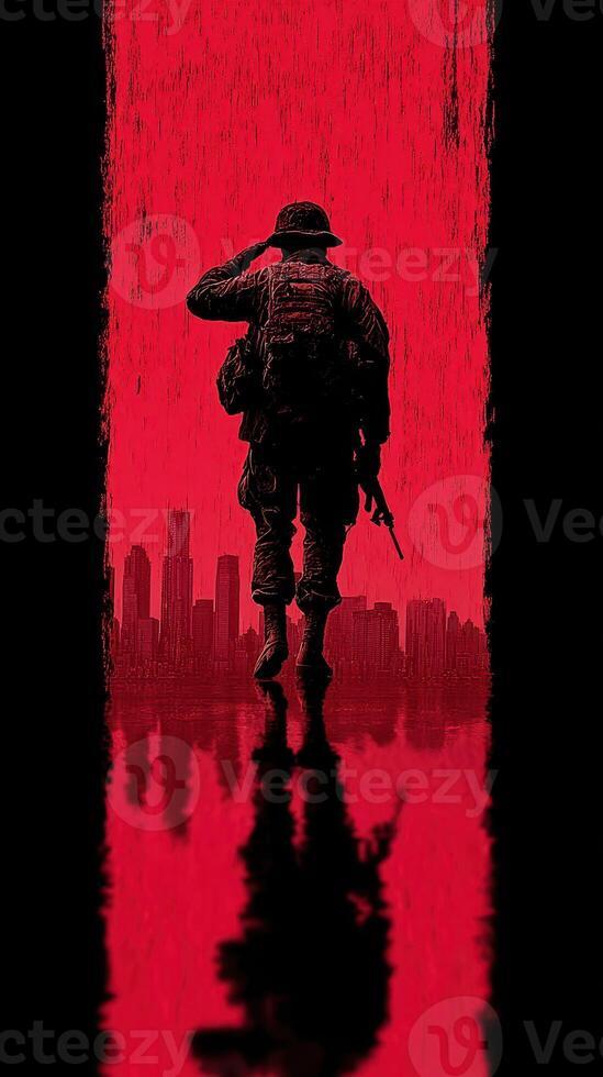 Soldier saluting with a city skyline in the background during a dramatic sunset photo