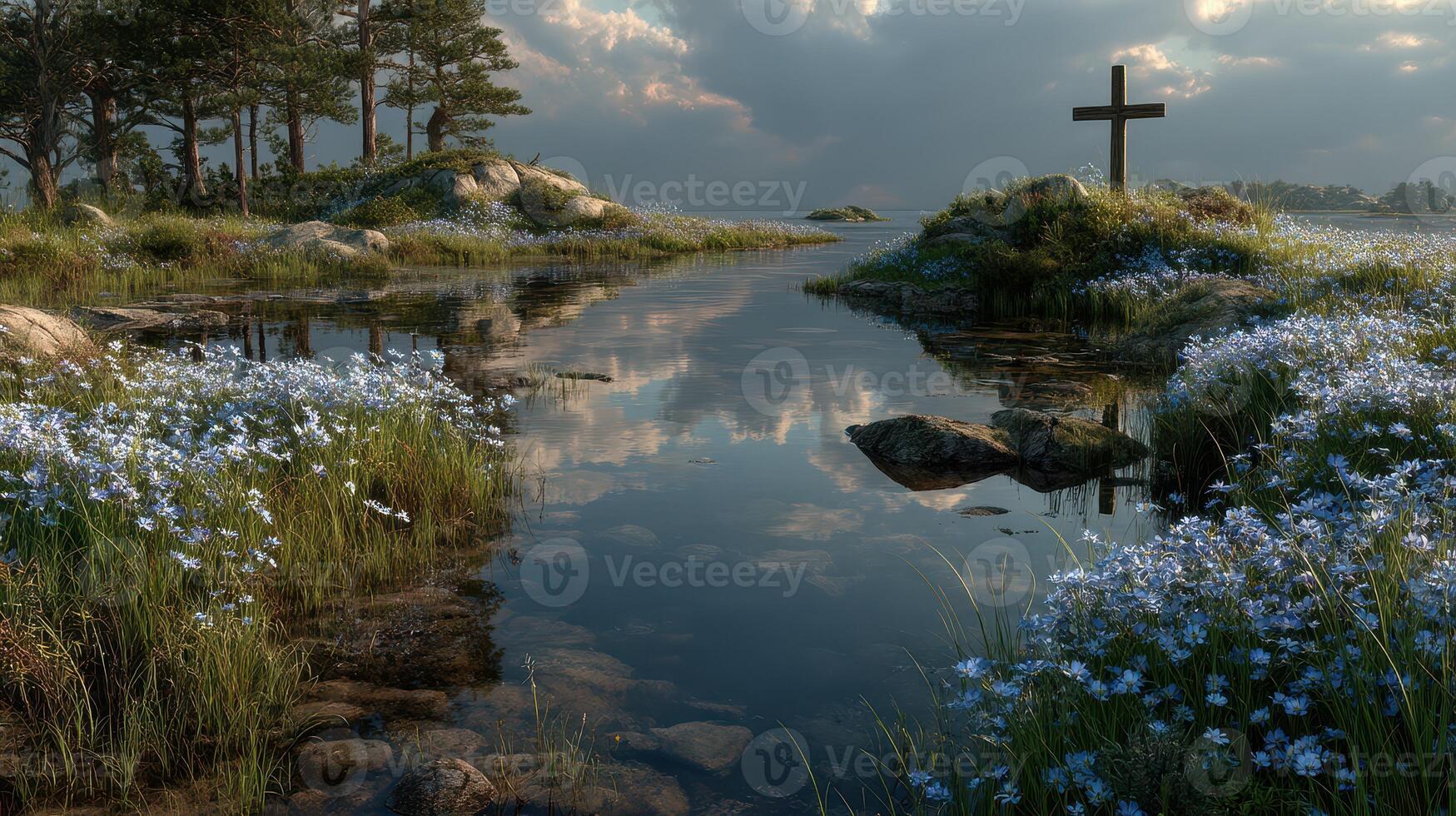 Serene landscape with a cross beside a calm waterway surrounded by wildflowers at dusk photo