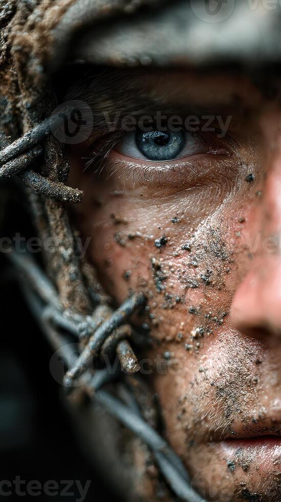 Soldier covered in mud and debris stares intensely into the distance during a military exercise in a forest environment photo
