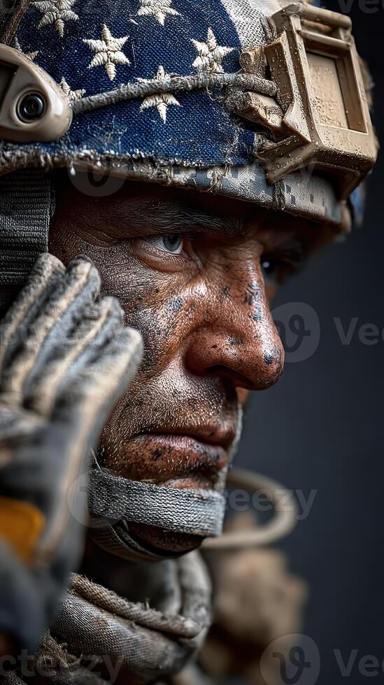 Soldier preparing for mission in detailed military uniform with intense expression captured in a close-up setting photo