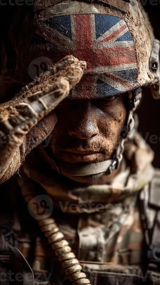Soldier saluting in military uniform against a dark background in a moment of respect and reflection photo