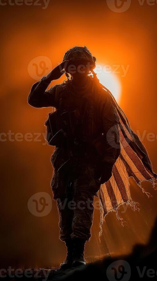 Soldier saluting against a vibrant sunset backdrop while honoring duty and sacrifice photo
