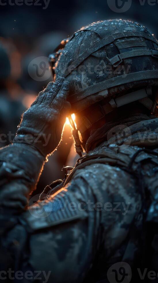 Soldier saluting during dawn with sunlight reflecting off military helmet in a wet environment photo