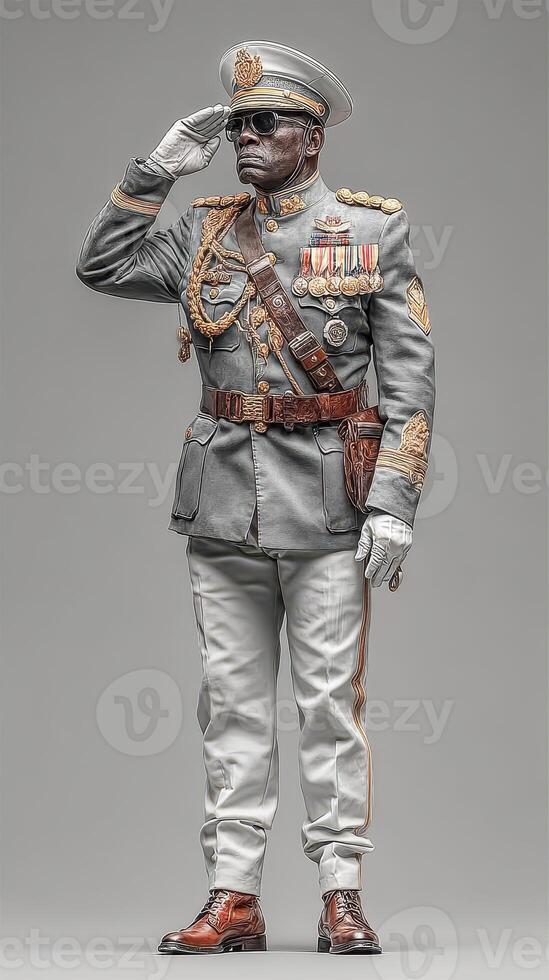 Military officer in ceremonial uniform saluting proudly during a formal event in an indoor setting photo