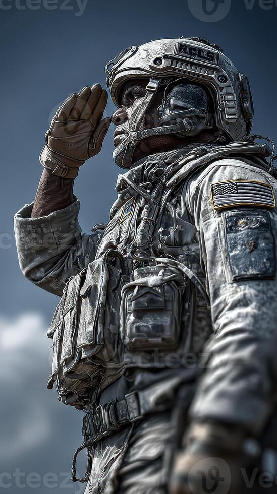 Soldier in military uniform saluting with respect during a ceremonial event on a clear day photo