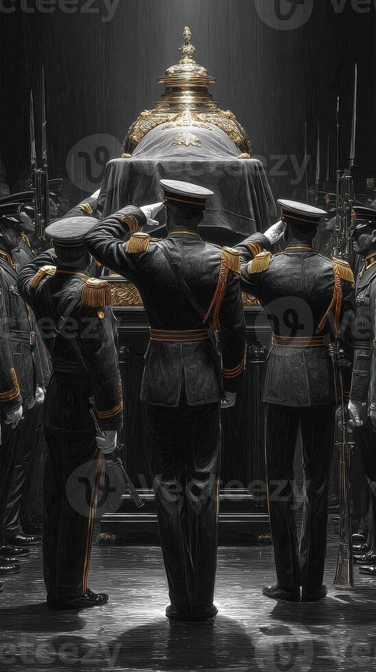 Military honor guard pays tribute during a solemn ceremony with a casket in a darkened setting photo