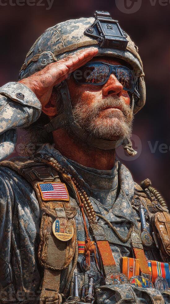 Soldier saluting during ceremonial event with medals and fatigues in bright sunlight photo