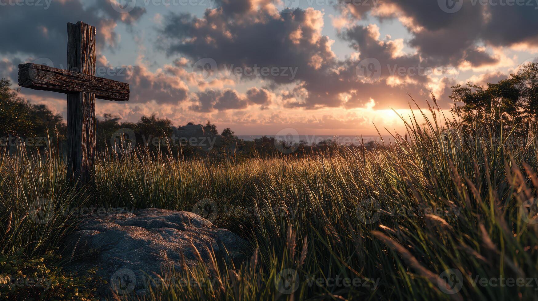 Cross stands in a tranquil field at sunset, marking a serene moment in nature's beauty with clouds glowing in warm hues photo
