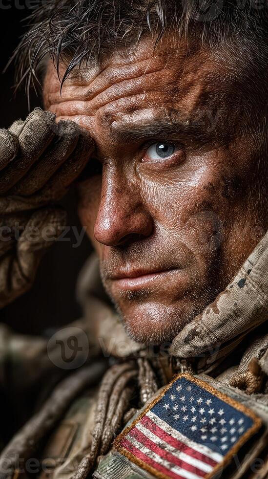 Soldier salutes after a long mission in a rugged environment, showcasing determination and resilience photo