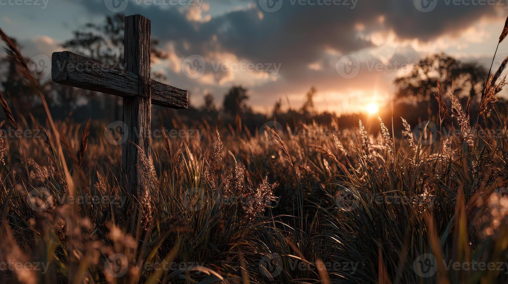 Sunset over a grassy field with a wooden cross marking a serene memorial site photo