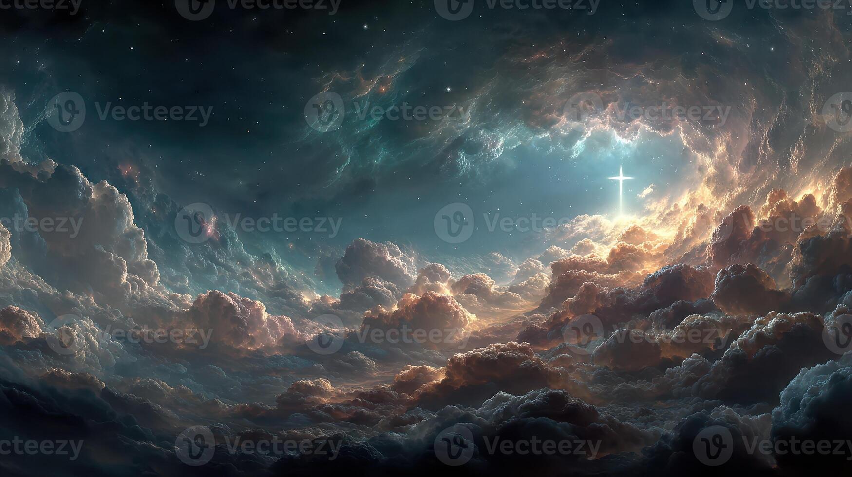 Stunning celestial landscape featuring dramatic clouds and a luminous cross during twilight photo