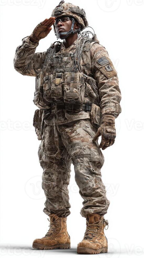 Soldier in military uniform saluting with pride during a ceremonial event in a training facility photo