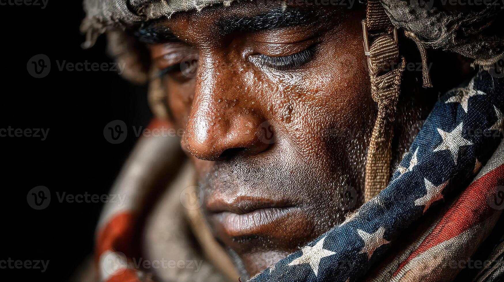 Soldier reflecting during a quiet moment after deployment in a tense situation in a remote location photo