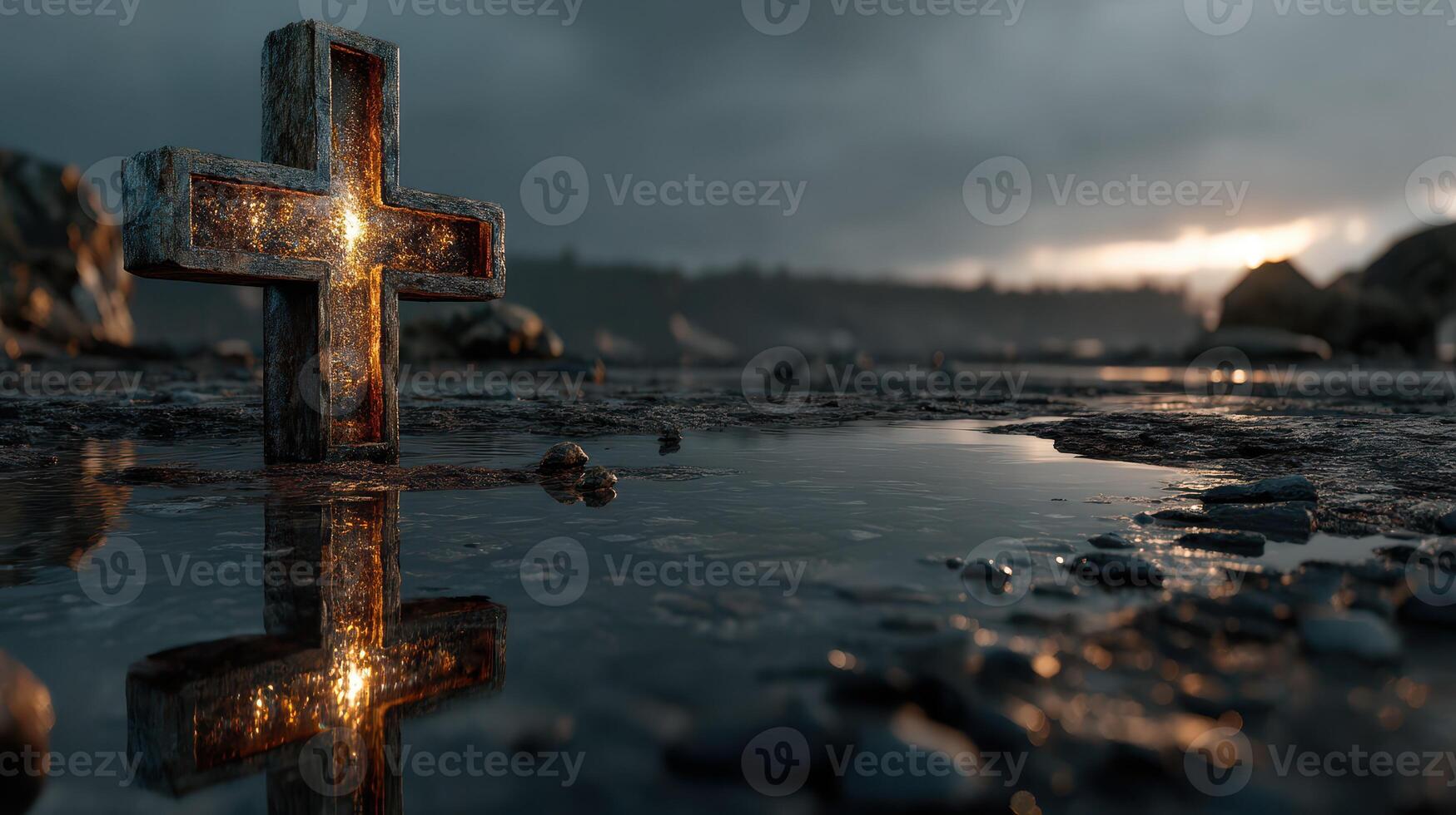 Cross reflecting in water at dusk near a rocky shoreline with dramatic clouds and soft glimmers of light photo