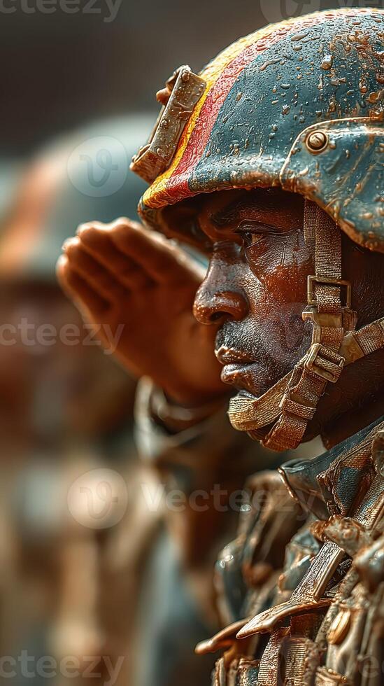 Soldiers in salute during a solemn military ceremony at dawn in a rain-soaked landscape photo