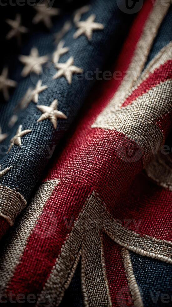 Close-up view of American and British flags blending together in a textured display of patriotism and history photo