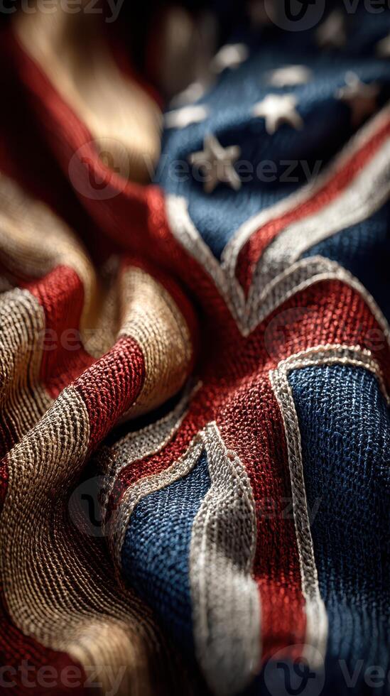 Textile pattern featuring a blended design of an American flag and a depiction of historical symbols photo