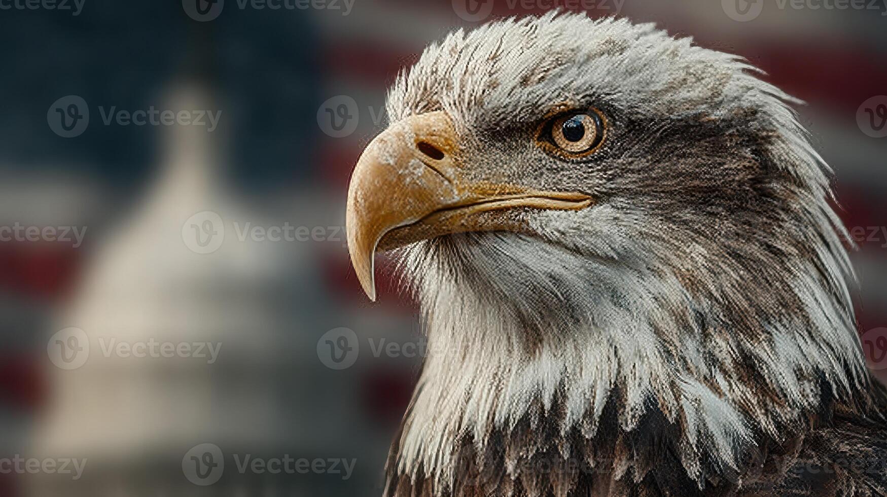 Majestic eagle perched in front of a historic building with flags flying in the background during a bright daytime photo