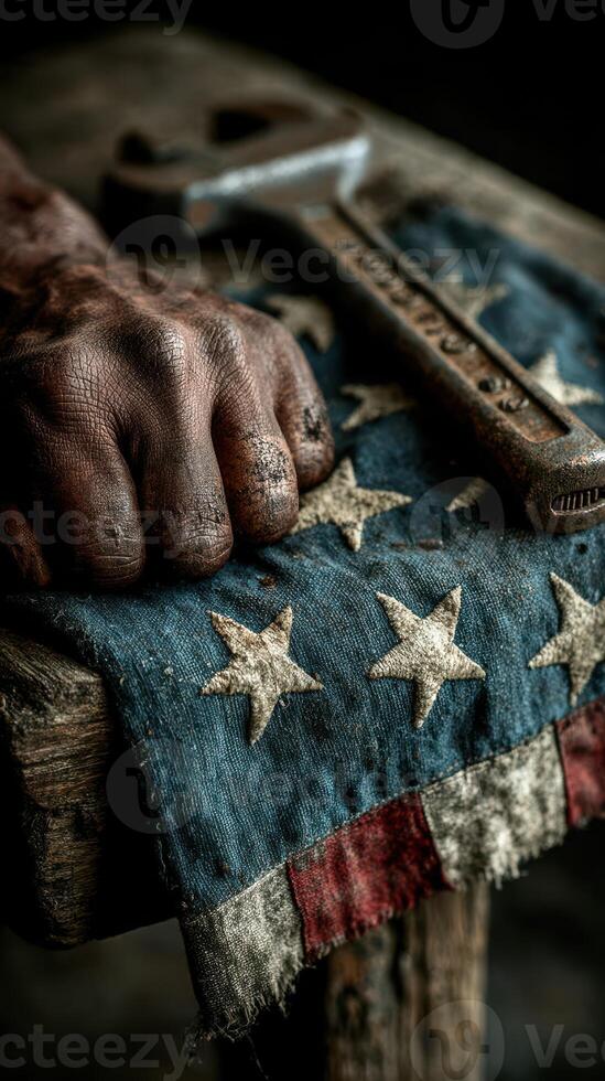 Hands resting on a weathered American flag while holding a rusty wrench in a dim workshop setting photo