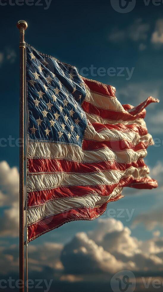 Waving American flag against a backdrop of dramatic clouds during the late afternoon sun photo