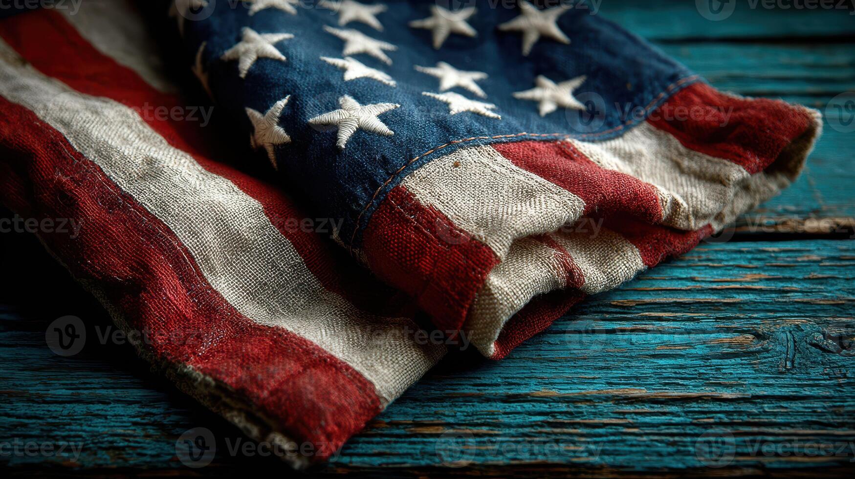 Worn American flag draped on a rustic wooden table highlighting textures and colors of national pride photo