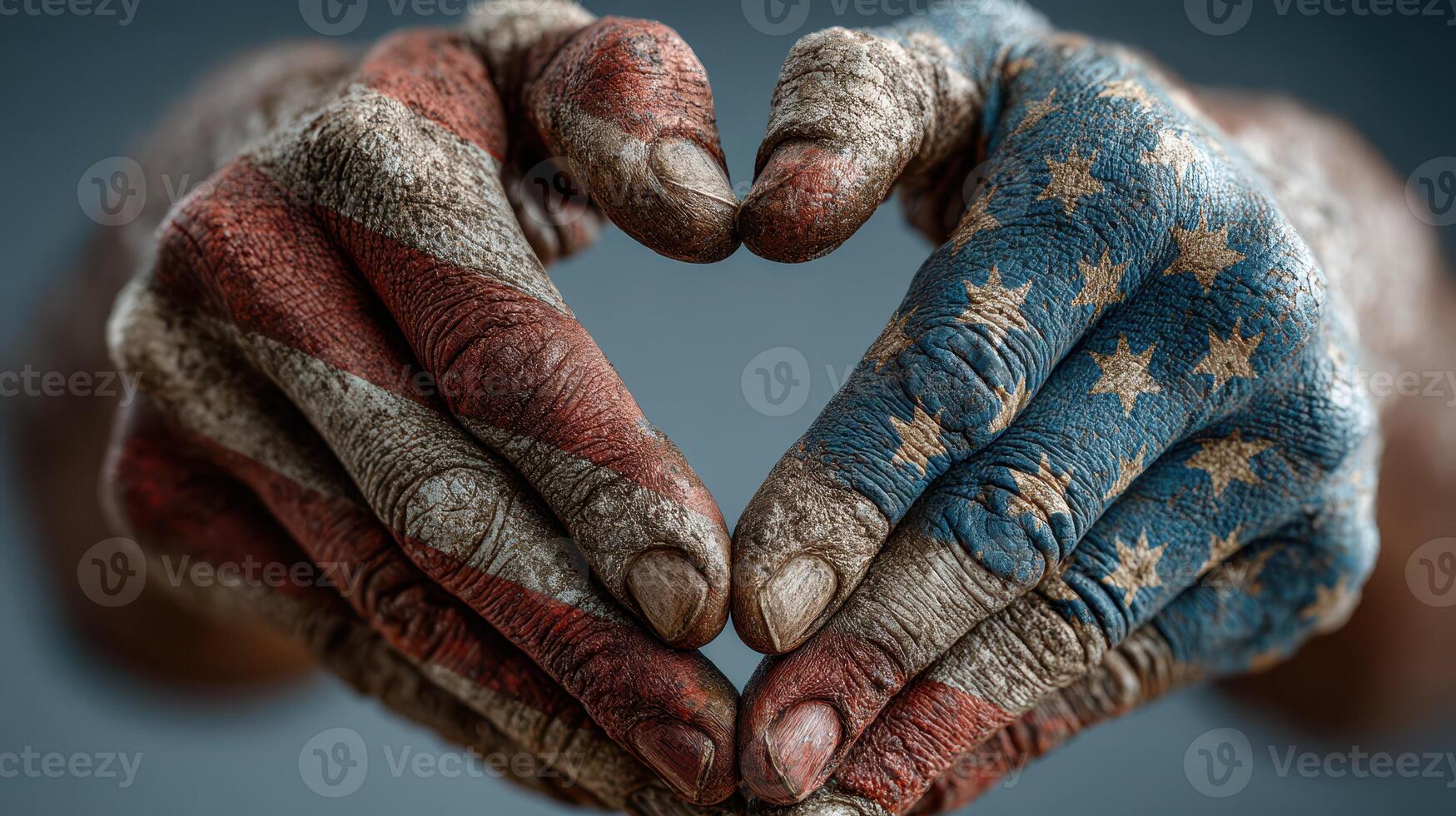 Hands painted with American flag colors forming a heart shape against a neutral background photo