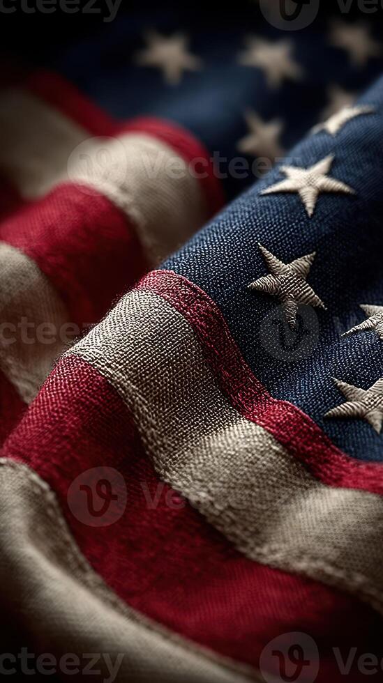 Waving fabric of an American flag showcasing rich colors and textures during a sunny day photo