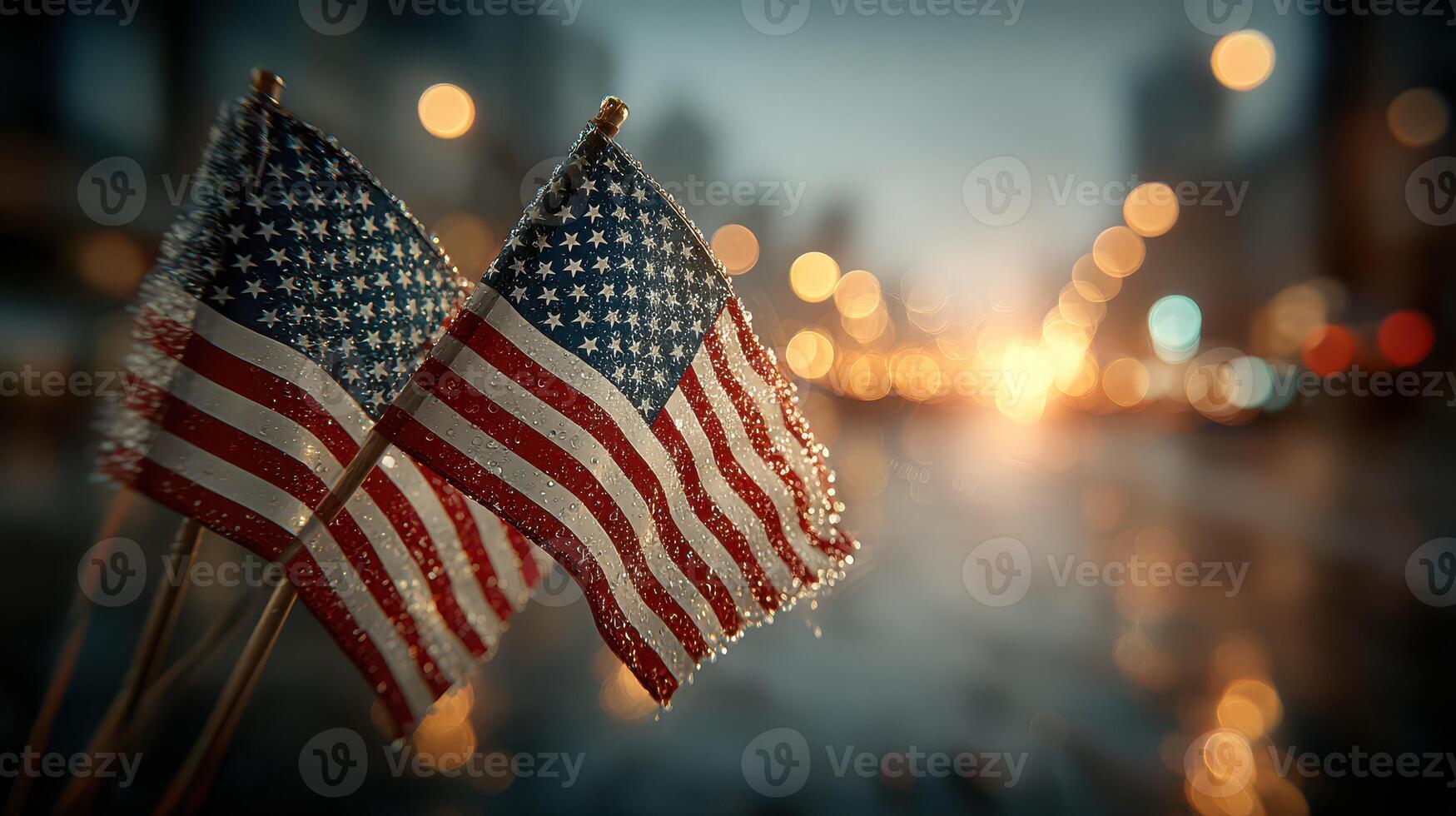 Flags waving in the evening rain on a city street celebrating national pride and unity photo